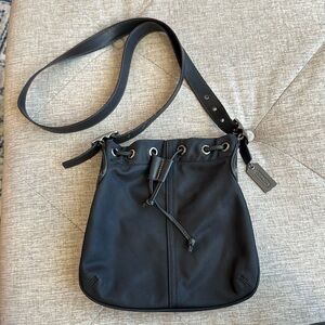 Vintage Coach Black Leather Canvas Drawstring Bucket Shoulder Purse